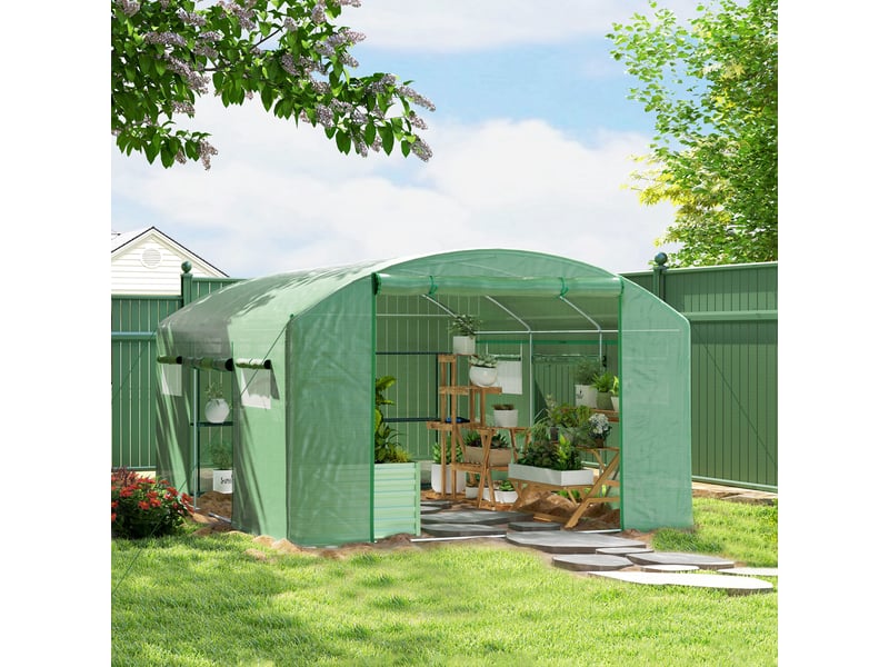  Serre tunnel de 4 x 3 x 2 m avec 6 fenêtres, 3 portes sectionnelles, couverture en polyéthylène et structure en acier galvanisé vert  - Conforama C
