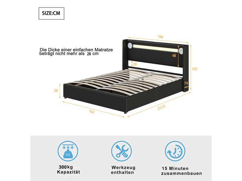  Lit capitonné en cuir pu noir 160 x 200 cm  - Conforama C