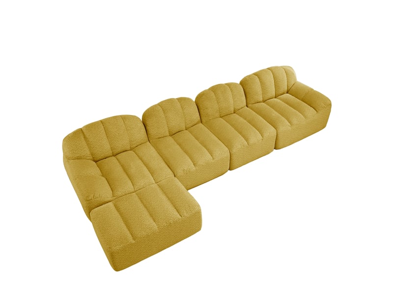  Canapé modulable 4 places 366x165x79 cm, polaire granuleux, mousse 32d, pouf, assise profonde, jaune  - Conforama A