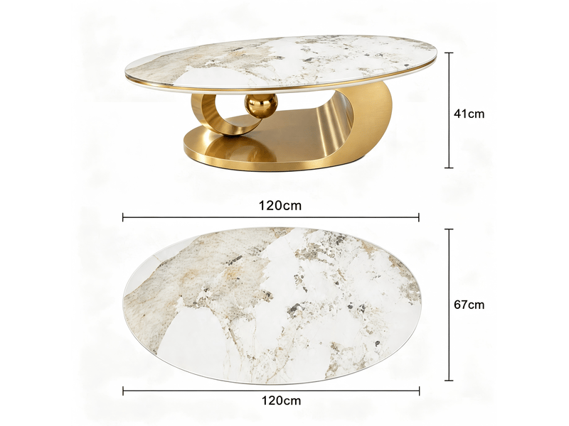  Table basse ovale 120x67x41 cm en plateau aspect marbre blanc et structure en métal doré, design élégant  - Conforama C