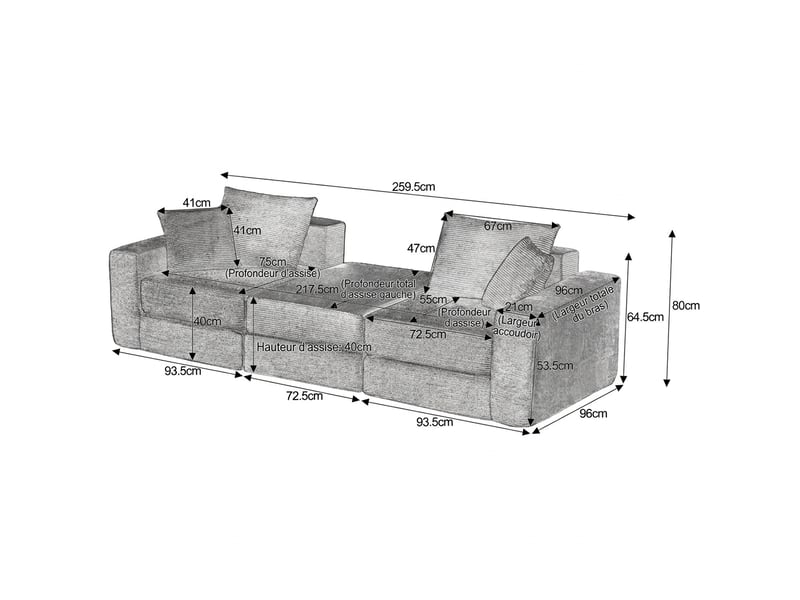  Canapé modulable 3 places loveeat cloud en velours côtelé blanc avec base antidérapante  - Conforama D