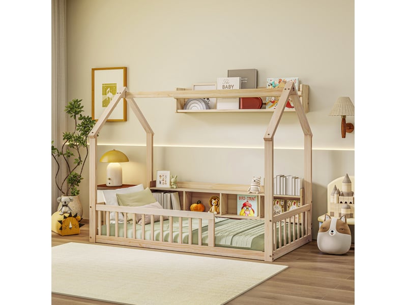  Lit cabane enfant 90x200 cm avec étagères et barrières de sécurité naturel, sans matelas  - Conforama W