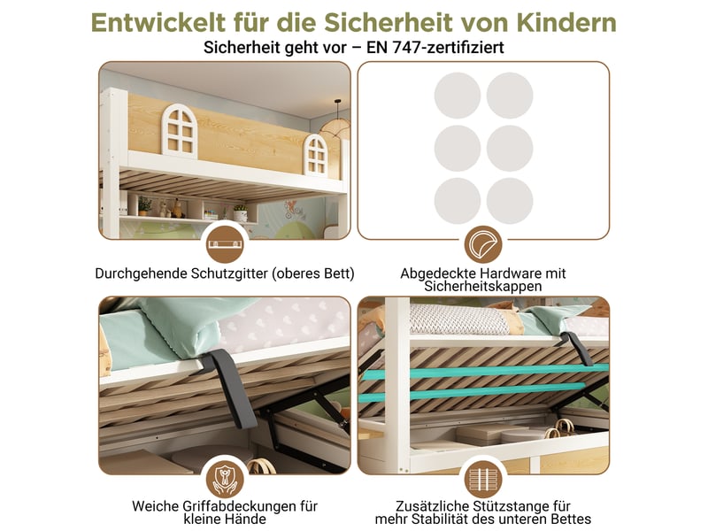  Lit superposé 90x200 cm avec espace de rangement hydraulique, lit enfant avec port usb-c et armoire-escalier, blanc et naturel  - Conforama E