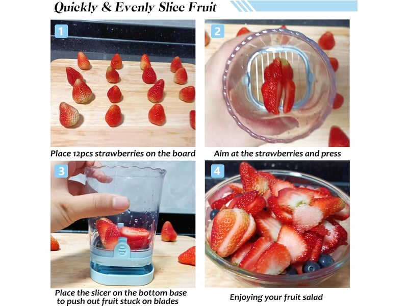  Trancheuse à fruits, fraise, coupe-banane, coupe-raisins, coupe-œufs, lames amovibles, trancheuse à fruits avec plaque de pression, ustensile  - Conforama E