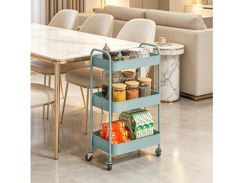  Desserte roulante 45 x 30,6 x 79 cm – bleu clair – 3 plateaux ouverts en acier, 4 roulettes et 2 freins  - Conforama D
