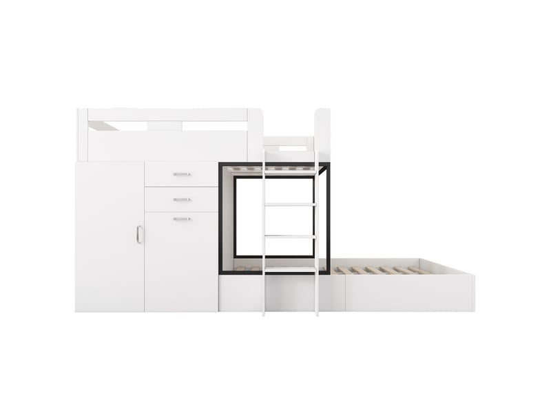 Lit superposé enfant, lit enfant multifonction avec bureau escamotable, armoire et tiroirs, lit 90x200 cm blanc, sans matelas. - Conforama R
