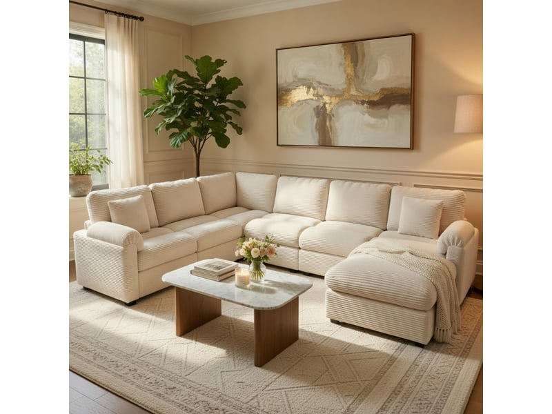  Canapé d'angle modulable xxl en velours beige 7 places avec coussins et pouf séparé pour salon ou chambre  - Conforama B