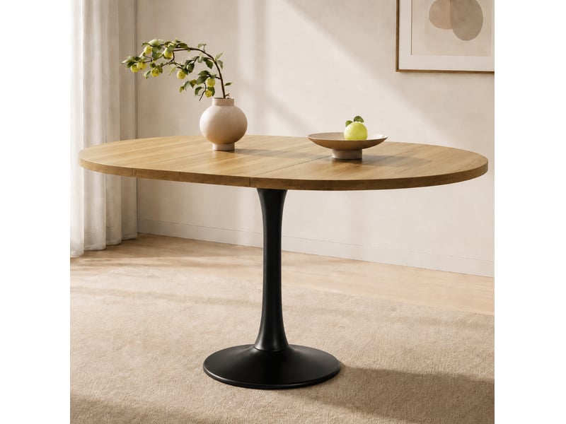  Table extensible ovale 100 à 140 x 100 cm chêne clair et noir, mdf et métal, repas et pauses café  - Conforama E