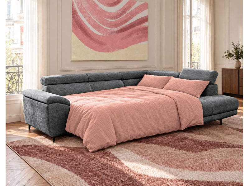  Camille - canapé d'angle droit 5 places convertible avec têtières et coffre en velours texturé - best mobilier - gris anthracite CAMILLE - Conforama D