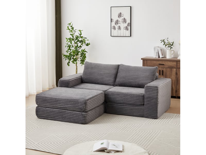  Canapé convertible 2 places en velours côtelé gris avec pouf amovible et 2 coussins  - Conforama D