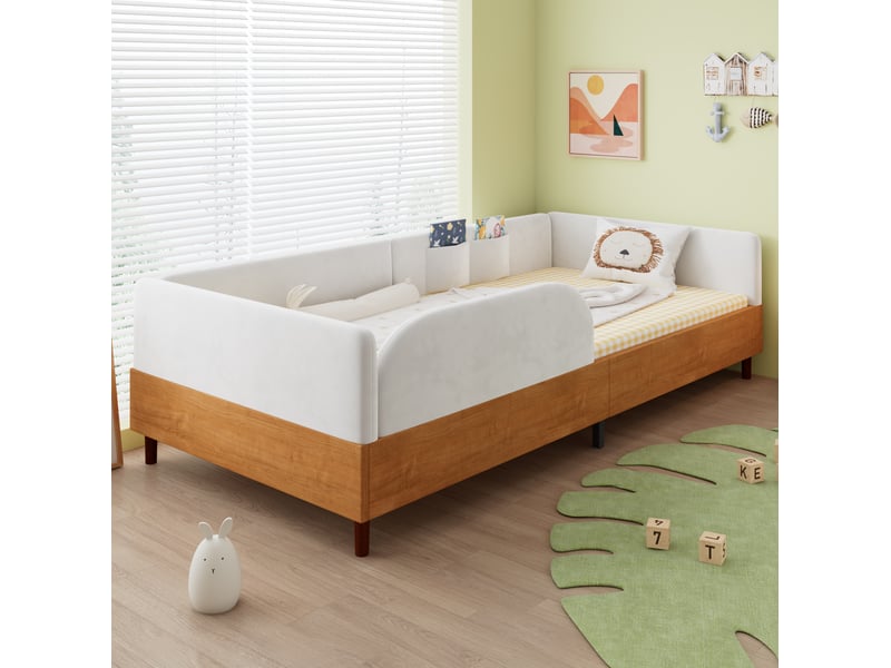 Lit enfant 90x200 cm en velours blanc et bois avec sommier à lattes et 2 poches - Conforama D