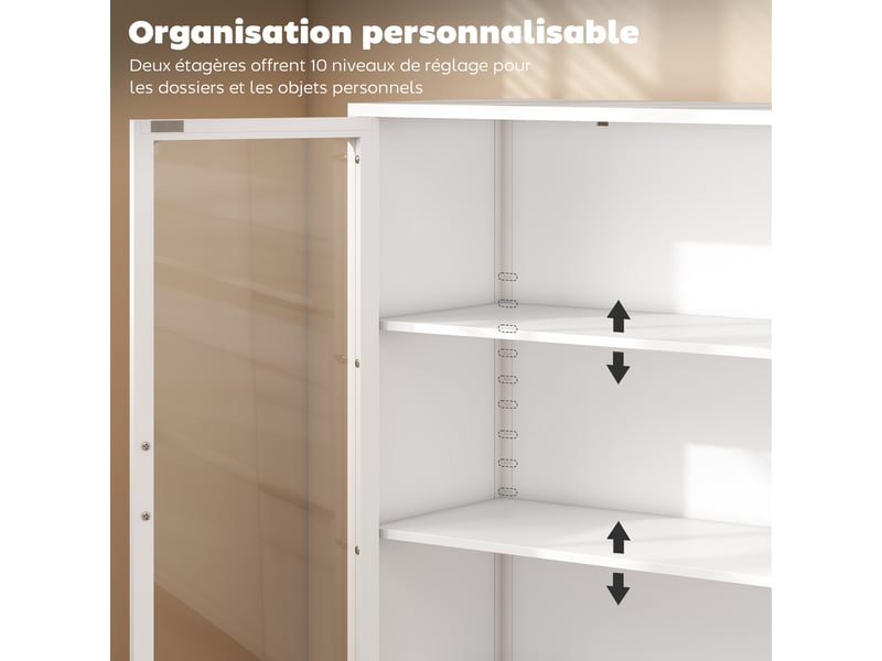  Armoire de bureau avec 2 portes en verre, 2 étagères réglables, meuble de rangement bureau en acier, blanc, 80x40x110cm  - Conforama E