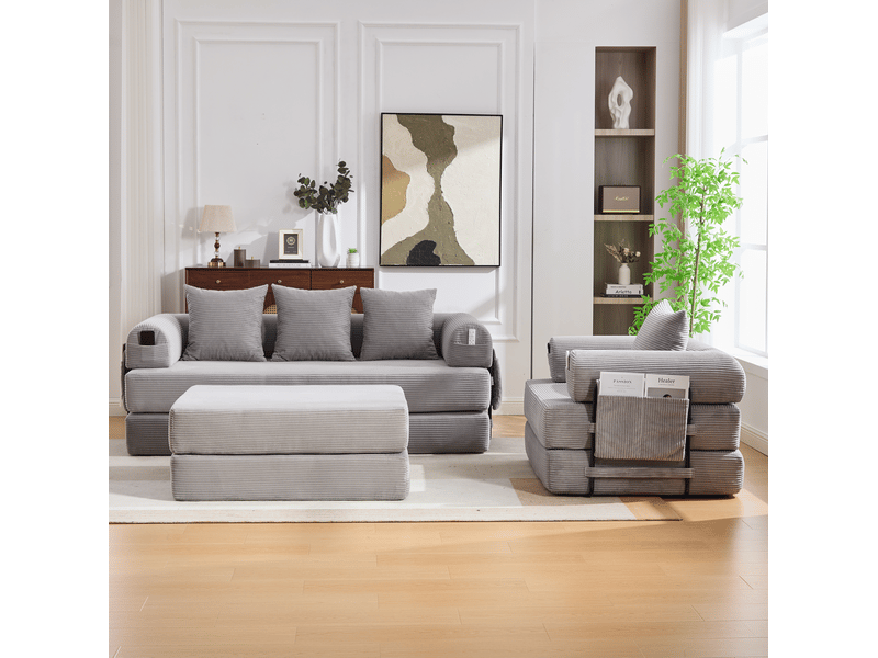  Canapé modulable 4 places en velours côtelé gris clair avec fauteuil et pouf  - Conforama D