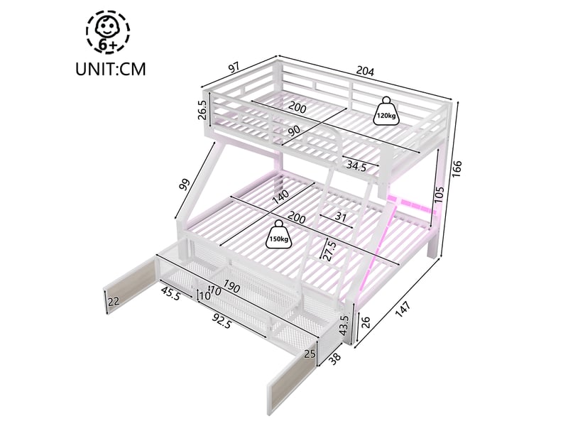  Lit superposé 90 x 200 cm + 140 x 200 cm – avec espaces de rangement – ​​avec barrières de sécurité – avec échelle – blanc (matelas non inclus)  - Conforama C