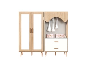 Armoire enfant tcqpz 160 x 46 x 141,5 cm penderie ouverte, 2 portes, 2 tiroirs, mdf, blanc et bois naturel