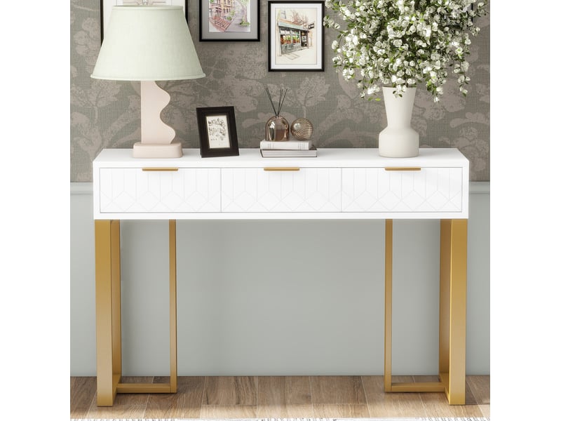  Console moderne 120x36x80 cm avec 3 tiroirs blanc et doré  - Conforama D