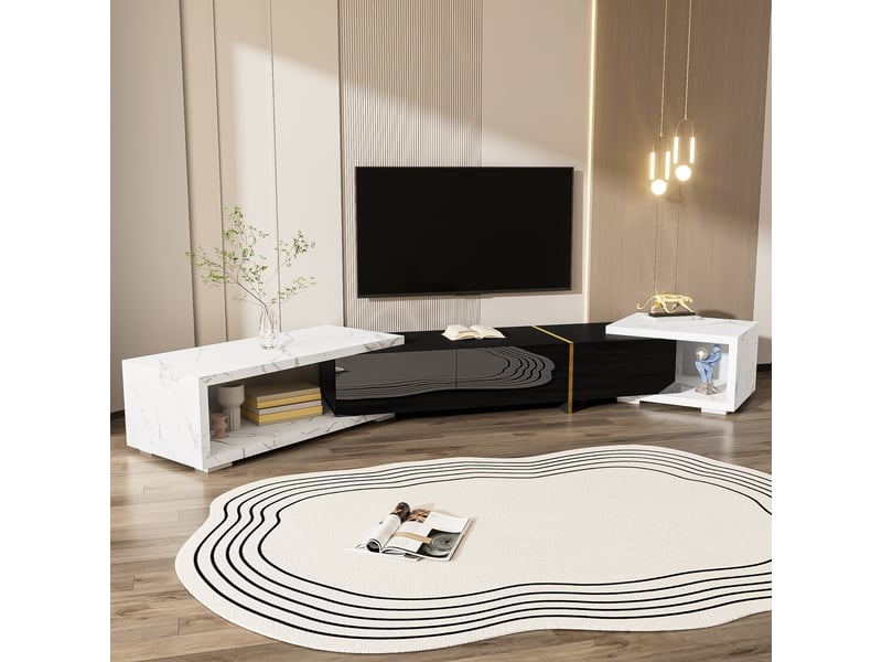 Meuble tv extensible 140-260 cm - blanc effet marbre, finitions noir brillant et mat, détails dorés, plateau rotatif  - Conforama D