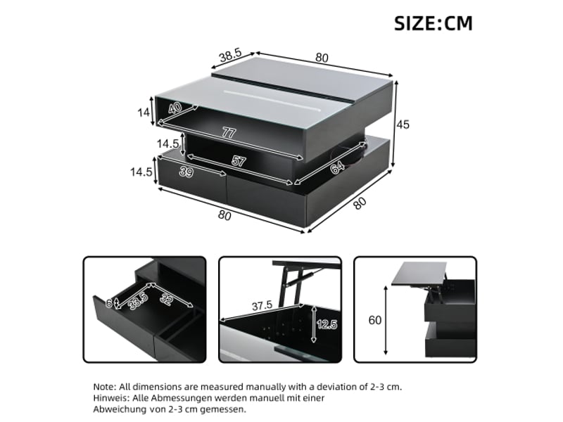  Table basse réglable 80x80 cm avec rangements cachés, 2 tiroirs, éclairage led et verre trempé noir brillant  - Conforama C