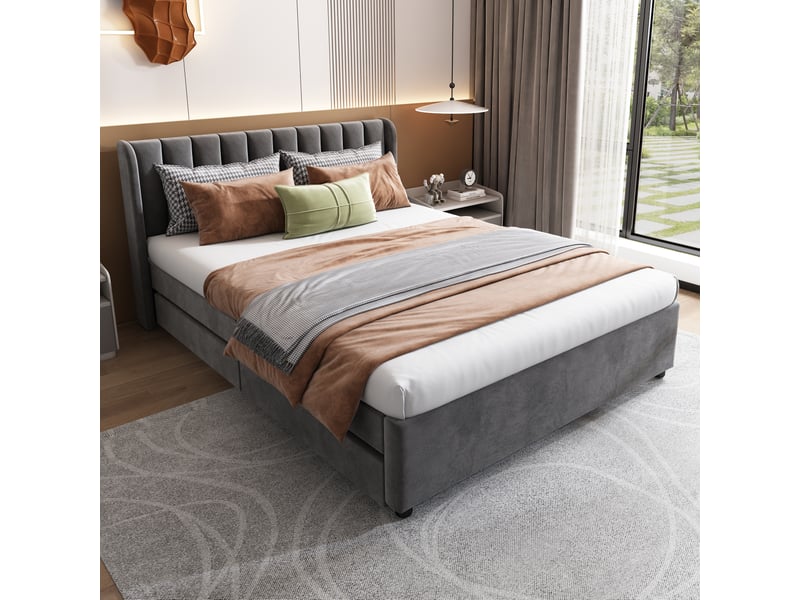  Lit rembourré 140 x 200 cm, sommier à lattes, dossier rembourré, 2 tiroirs de rangement, velours, gris Bliss Lite - Conforama E