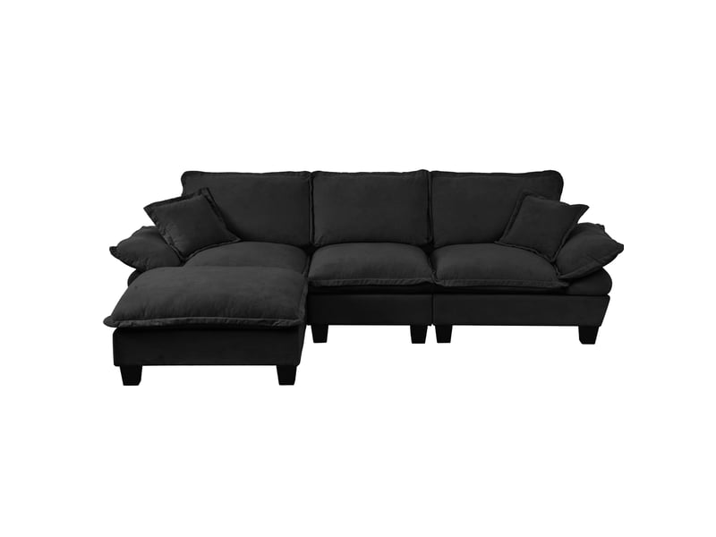  Canapé d'angle modulable l 264 x 155 x 90 cm 4 places, pouf mobile, 2 coussins, chenille noir  - Conforama A