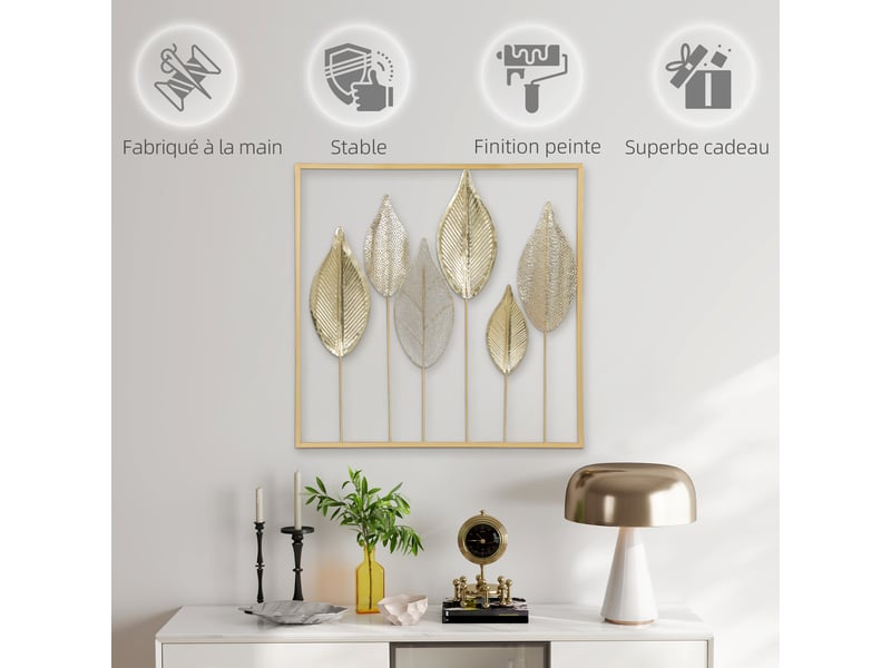  Décoration murale en métal moderne, sculpture murale en métal en forme de feuille, doré, 70 x 70 cm  - Conforama R