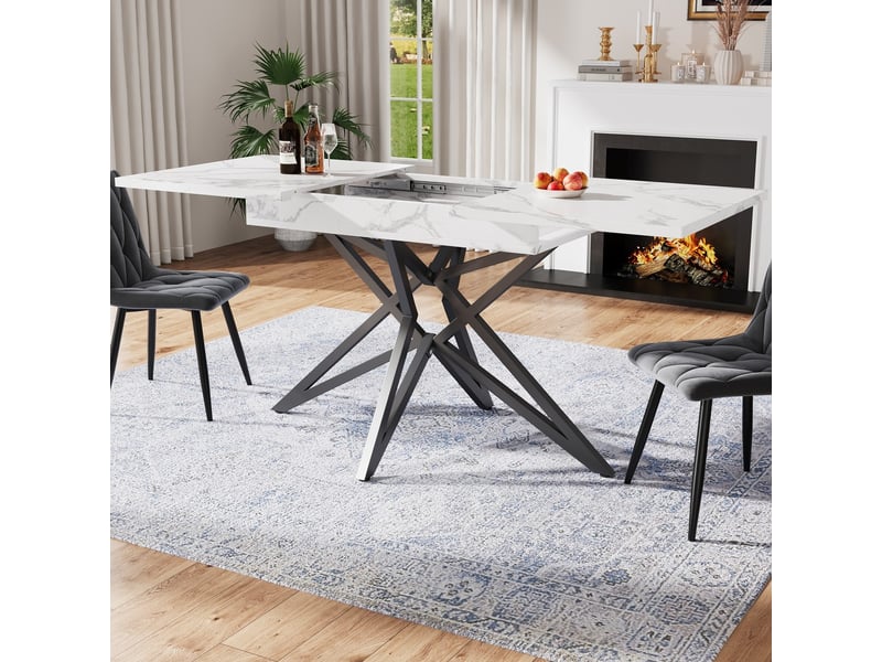  Ensemble de table à manger extensible 120160x68 cm avec 4 chaises en velours gris foncé à motif diagonal, pieds noirs, style moderne  - Conforama D
