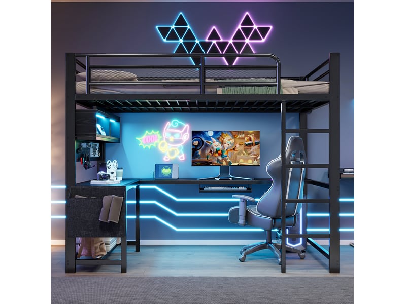 Lit mezzanine 140x200 cm, bureau tablette clavier rangements, led 7 couleurs, prises usb mdf métal noir sans matelas - Conforama B