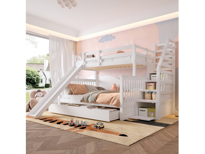  Lit superposé 90 x 200 cm et 140 x 200 cm avec tiroirs, rangements et toboggan blanc antique  - Conforama D