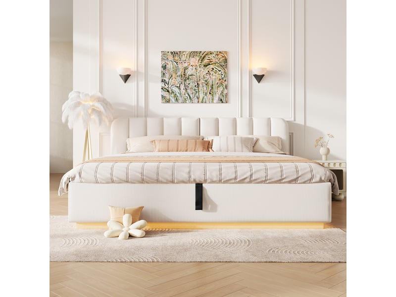  Lit coffre 180x200 cm beige, tissu chenille, sommier relevable hydraulique, led contrôlée par appli, sommier à lattes inclus  - Conforama W