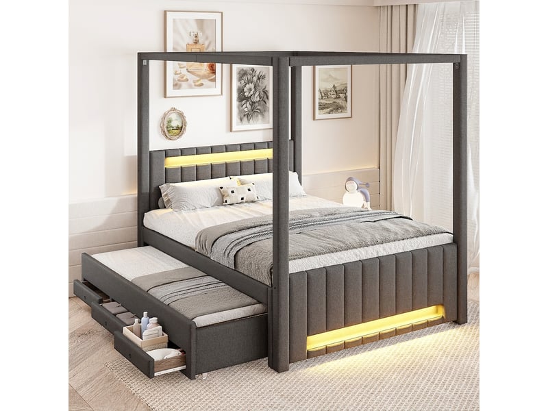  Lit à baldaquin 140x200 avec lit gigogne gris et éclairage led  - Conforama D