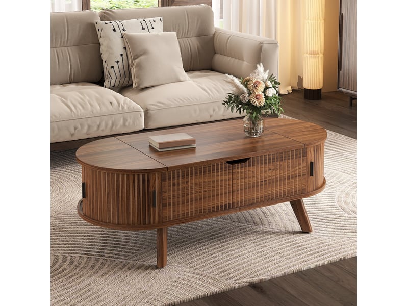  Table basse relevable ovale 110x50x53,5 cm, plateau relevable, grand rangement, 2 portes coulissantes, mdf noyer  - Conforama D
