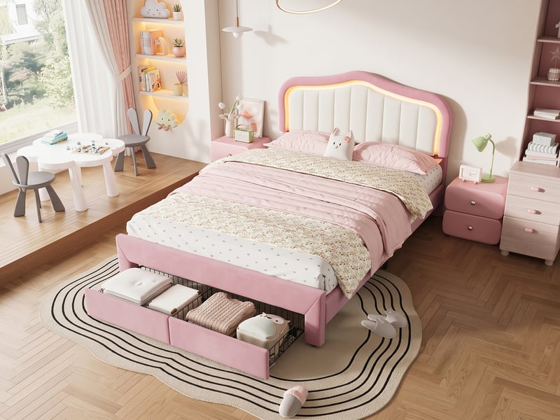  Lit avec rangement 140 × 200 cm, velours, 2 tiroirs au pied, dossier blanc, led par appli, rose, charge 220 kg  - Conforama B