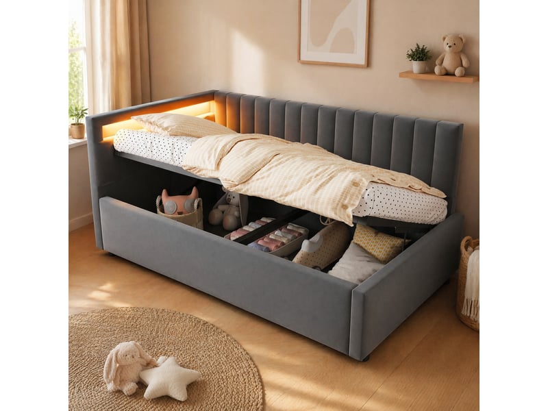  Lit banquette 90x200 cm avec rangement hydraulique et led, velours gris  - Conforama B