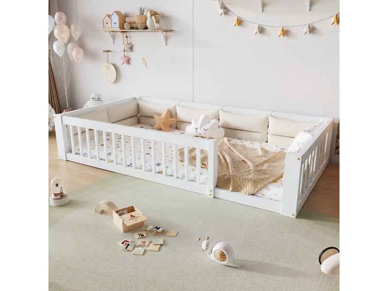  Lit enfant 90 x 200 cm avec barrières de sécurité et coussins, blanc  - Conforama D