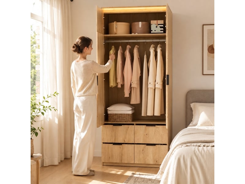 Armoire blanche 2 portes avec 3 tiroirs et penderie, 90x50x200 cm - Conforama C
