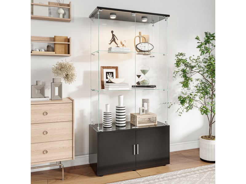  Vitrine en verre 3 niveaux avec meuble de rangement inférieur double porte - noir - 78,5 x 35 x 164 cm - armoire d'exposition avec éclairage led  - Conforama C