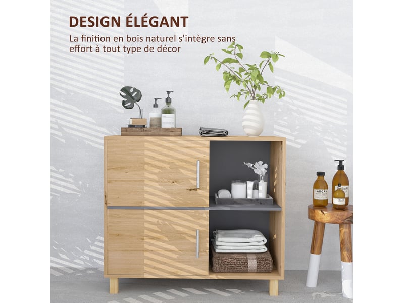  Meuble de salle de bain, meuble de rangement avec compartiments ouverts et placard, dim. 80 x 35 x 70 cm, bois naturel  - Conforama E