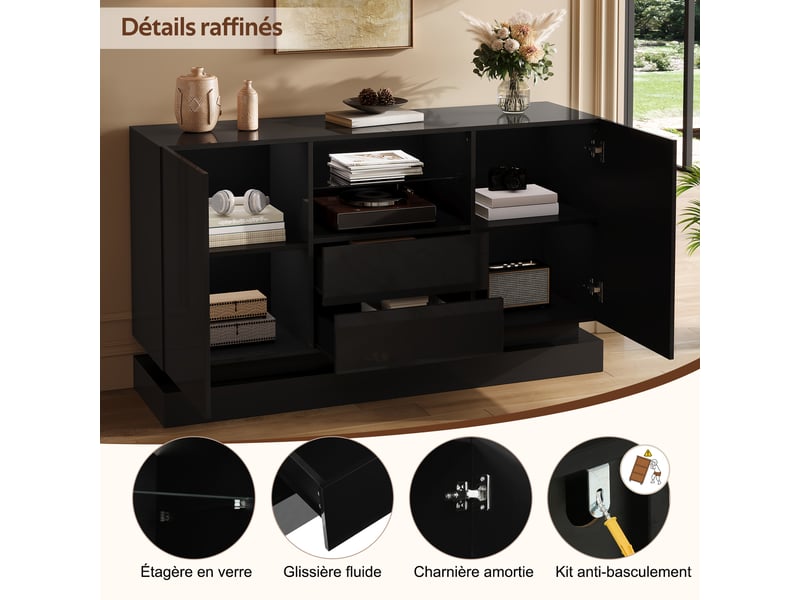  Buffet bas l140 x p40 x h80 cm en panneaux de particules avec led, 2 portes et 2 tiroirs noir chicfurn  - Conforama E