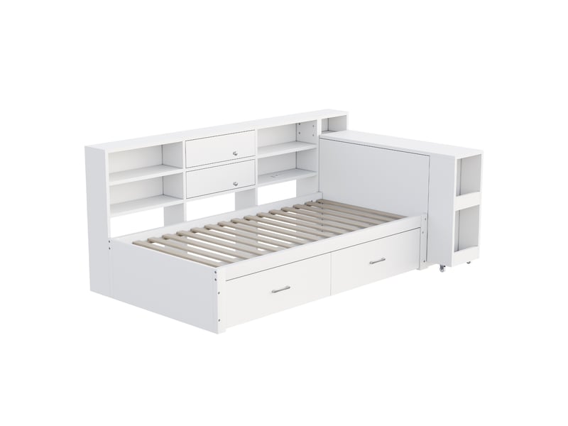  Lit simple 90x200 cm avec rangement, 4 tiroirs et bureau coulissant, pin, blanc, sans matelas  - Conforama E