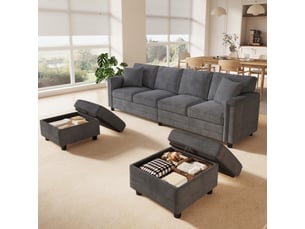 Canapé modulable 4 places 261x134x82 cm, configuration en u ou l, 2 poufs coffres amovibles, usb et usb-c, chenille, gris