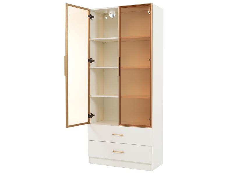  Armoire vitrine avec led intégrée, 2 portes en verre et 2 tiroirs, design contemporain en mdf - blanc - 75×34,5×170 cm  - Conforama A