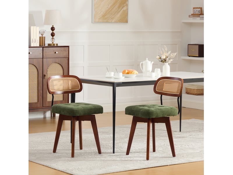  Lot de 2 chaises pivotantes 360° style vintage, 43x50x77 cm dossier rotin tressé, assise chenille vert  - Conforama B