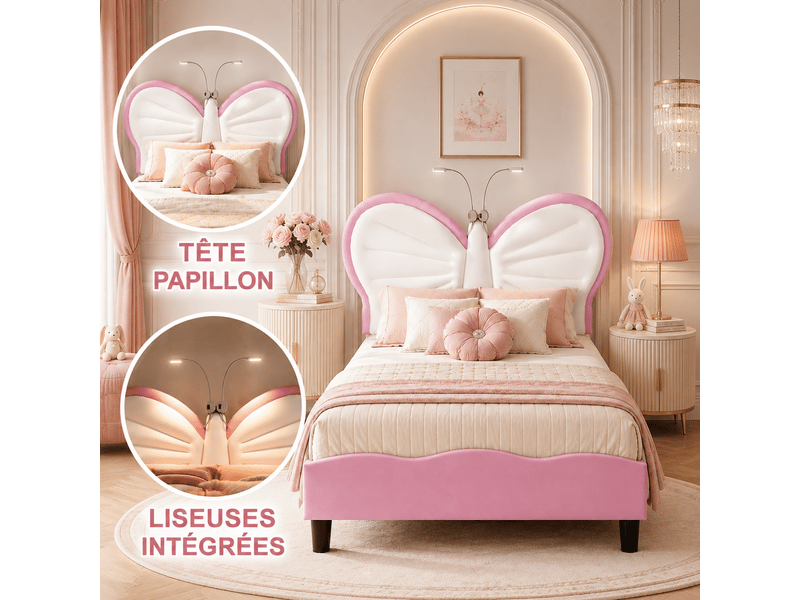 Lit enfant pour une fille 90x200 - sommier à lattes + liseuse + dossier rembourré - tête de lit réglable - 1 personne - lit fille 90x200cm avec led - lit enfant rembourré avec sommier à lattes - tête de lit réglable en papillon …  - Conforama B