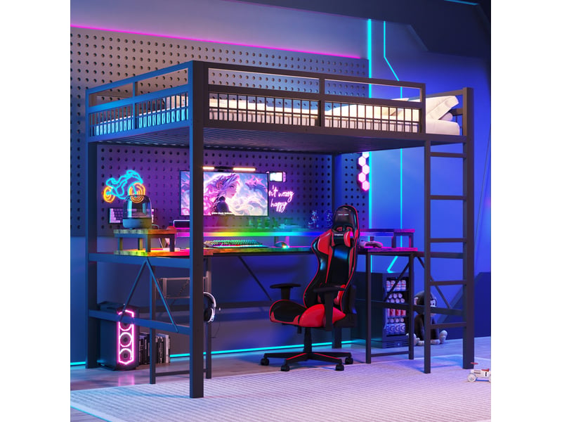  Lit mezzanine 140 x 200 cm en métal avec bureau, led multicolore et prises  - Conforama D