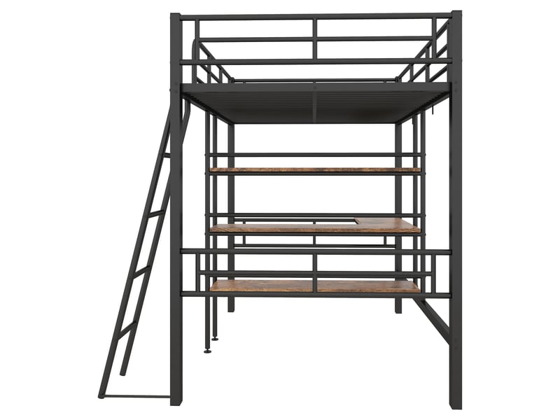 Lit mezzanine 90x200 cm noir avec bureau, étagères, garde-corps et échelle - Conforama D