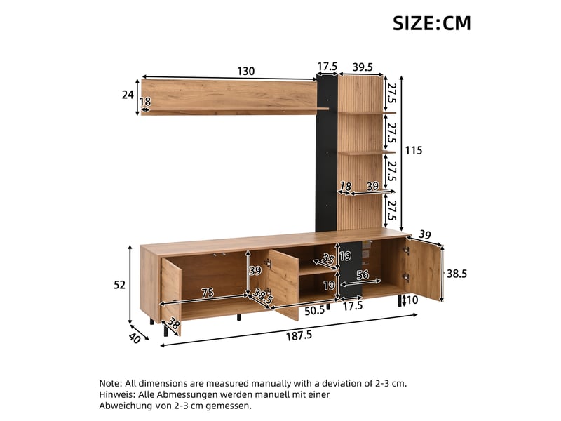 Ensemble meuble tv mural bois naturel et noir 187,5x40x167 cm avec vitrine, étagères ouvertes et 3 meubles pour tv jusqu'à 80 pouces - Conforama C
