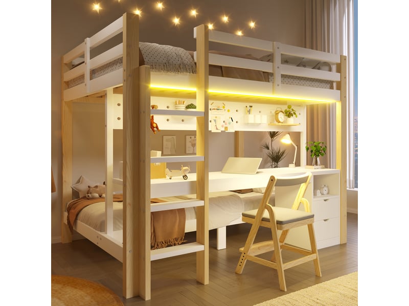 Lit superposé 90x200 cm, lit enfant, tiroirs, bureau, métal naturel et blanc, led - Conforama C