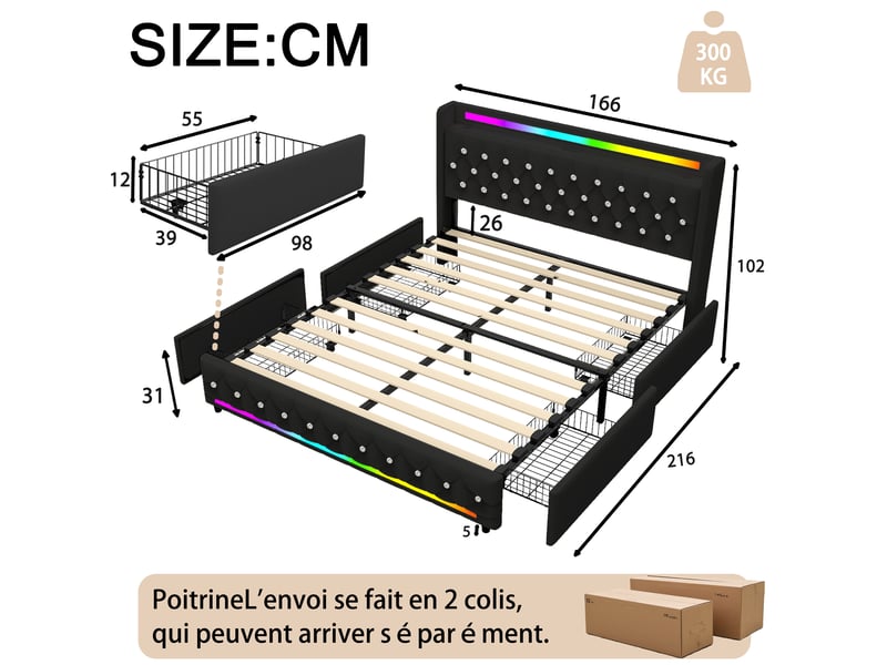  Lit 2 places 160x200 cm noir avec bluetooth, 4 tiroirs, led, ports usb+type-c sans matelas EBD852Q-BK - Conforama D