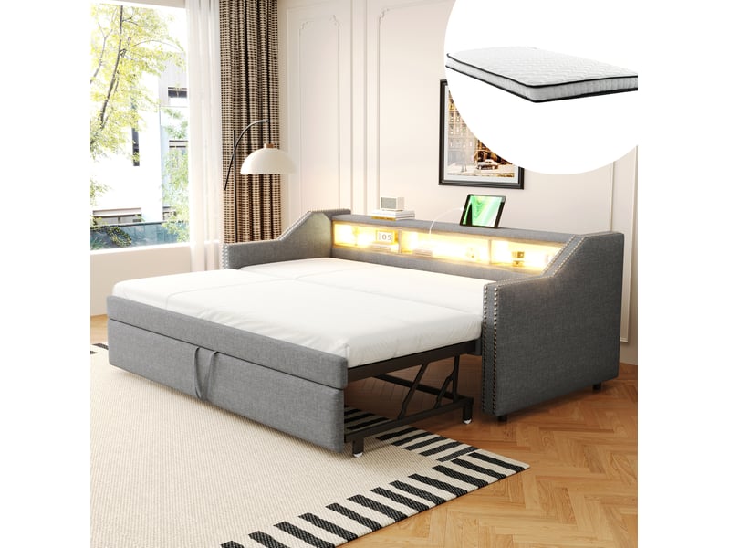  Modenvie banquette-lit gigogne 90180x190 cm - avec rangement, led et port usb, avec 2 matelas - gris  - Conforama B