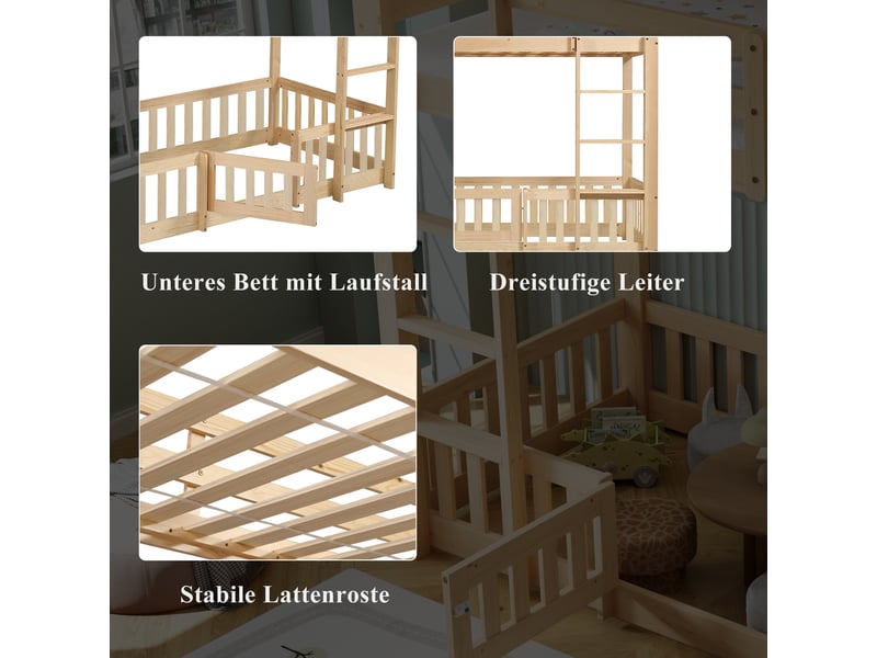  Lit superposé en bois naturel 90x200cm avec escalier droit, rampe, porte et espace libre sous le lit  - Conforama C